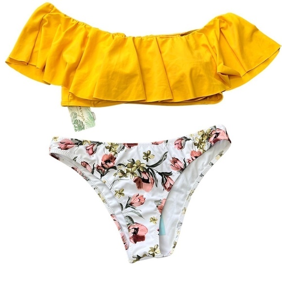 YELLOW Off The Shoulder Ruffle Bikini Floral Bottoms Medium NWT Cupshe Envya - Picture 10 of 13